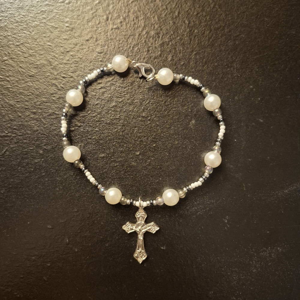 Elegant Silver and White Beaded Cross Bracelet